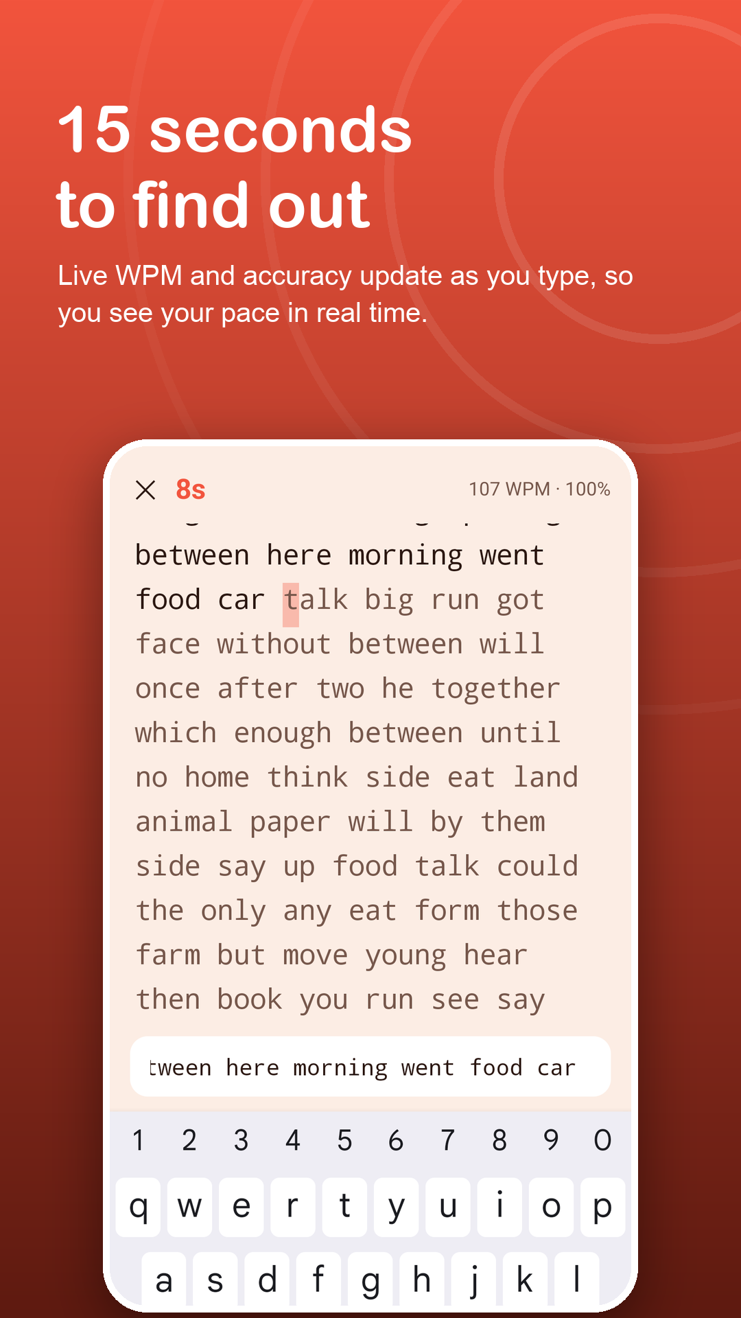15-second sprint in progress with live WPM